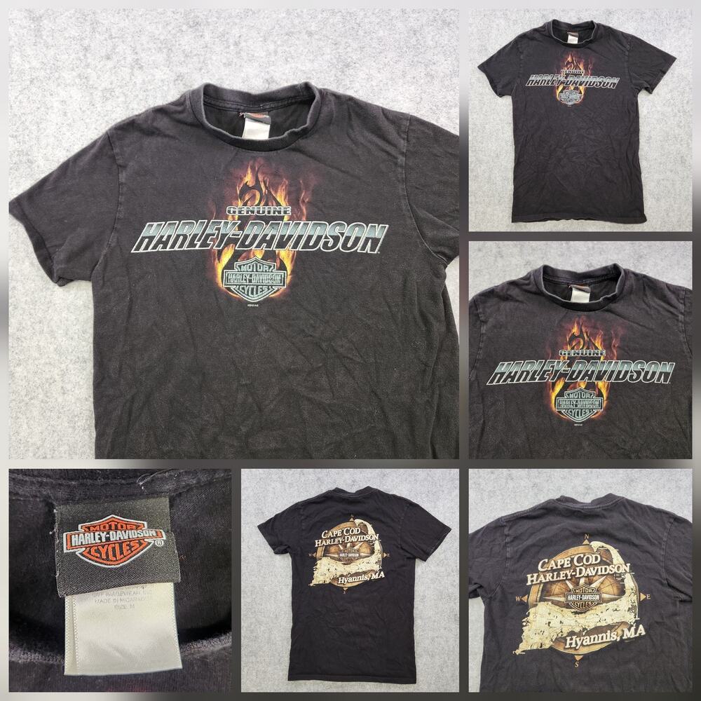 VTG Harley Davidson Motorcycles T Shirt Mens Medium Black Cape Cod Flames Biker
